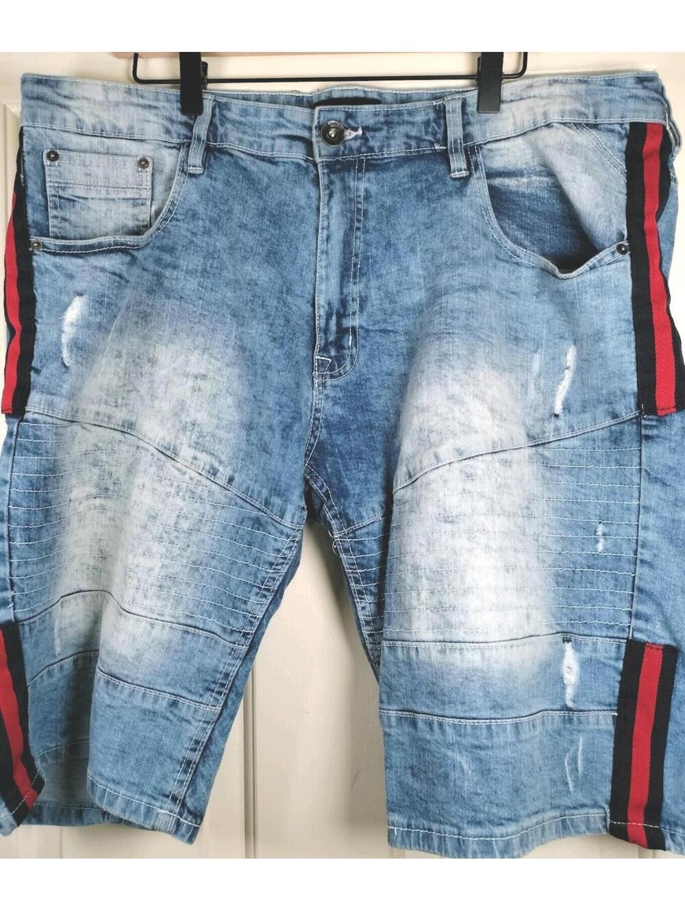 WT02 Men's‎ Size 40 Moto Biker Denim Shorts Acid Wash Side Stripe Stretch Blue